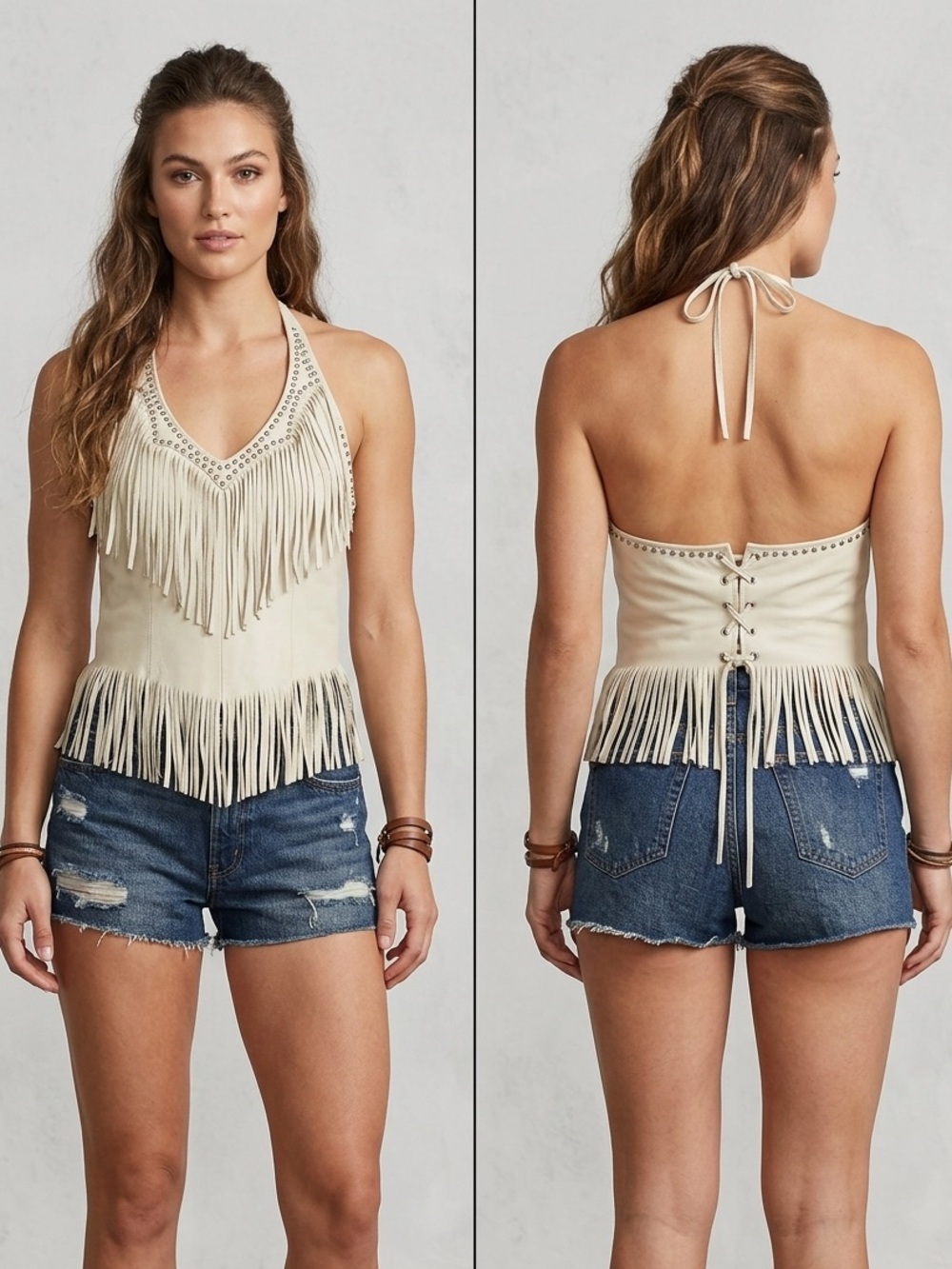 Rare Leather Fringe Halter Bohemian Leather Western Top - Cream Size M Made USA